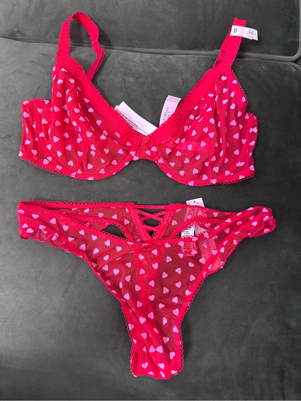 Victoria's Secret Red & Pink Heart Sheer Bra & Bikini Set